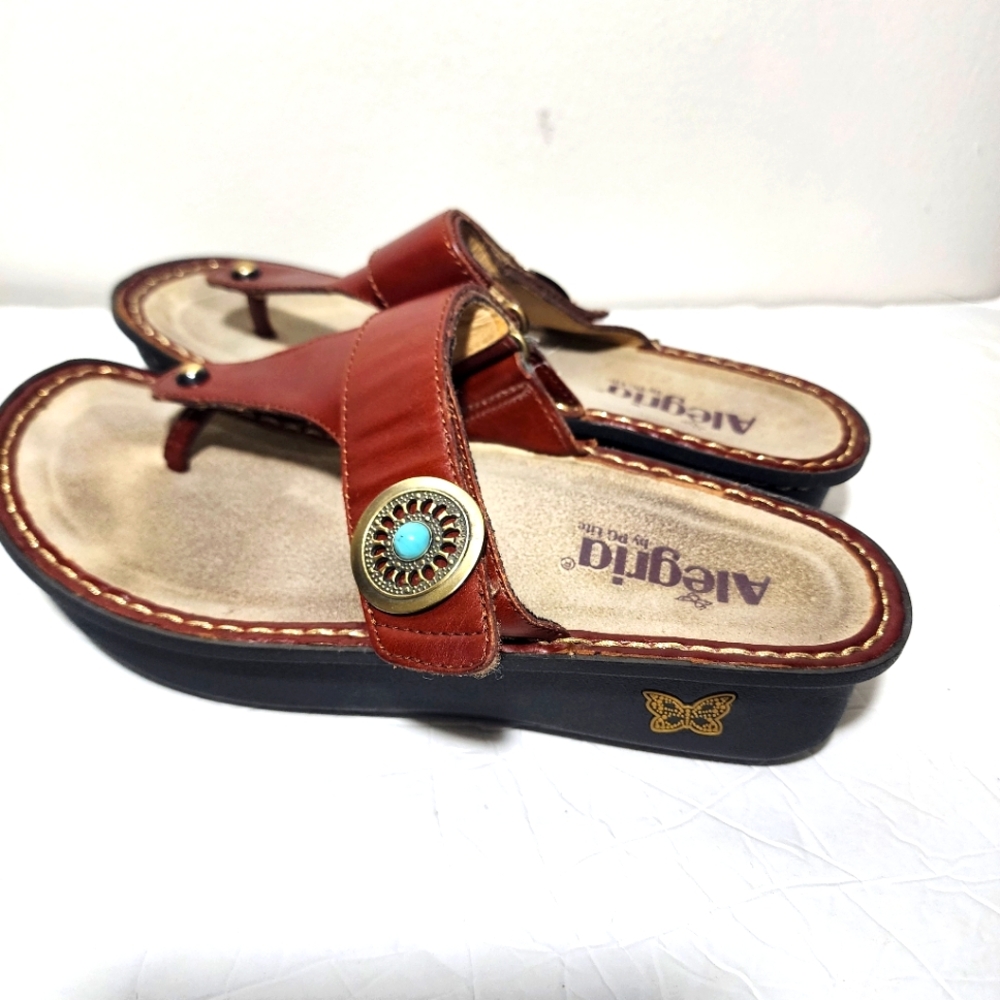 Alegria Cognac Leather Thong Sandal CAR-612 Turquoise Accent Size 37 Hook & Loop
